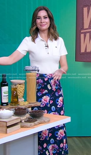 Rebecca’s white polo and floral skirt on Good Morning America