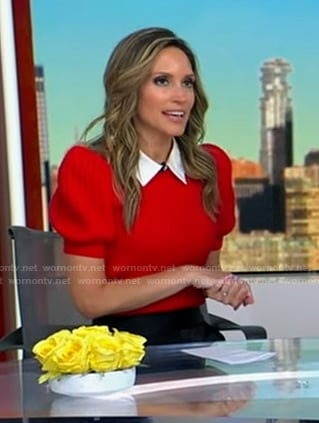 Rhiannon's red cable knit puff sleeve sweater on Good Morning America