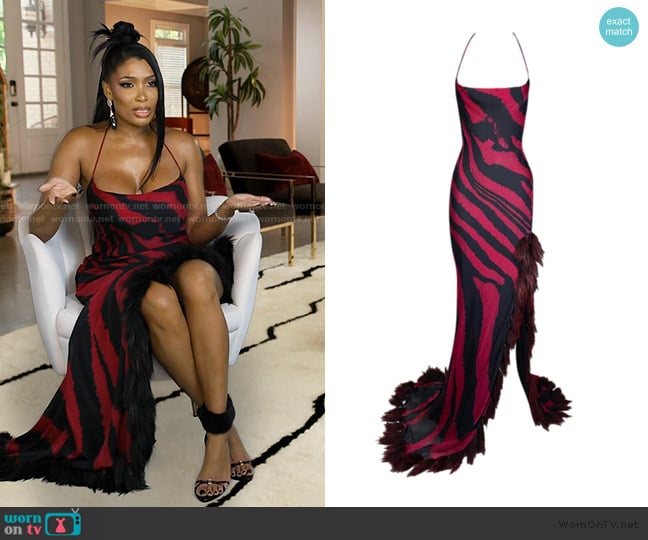 Roberto Cavalli Zebra Fur Trim Gown Dress worn by Brit Eady on The Real Housewives of Atlanta