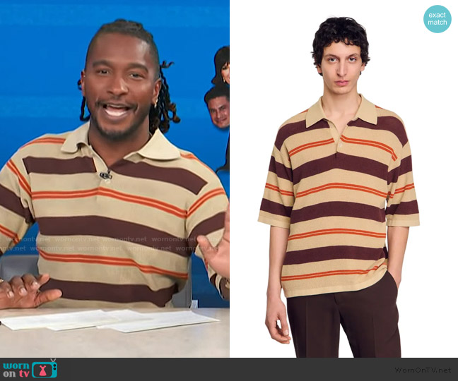 Sandro Striped knit polo shirt worn by Scott Evans on Access Hollywood
