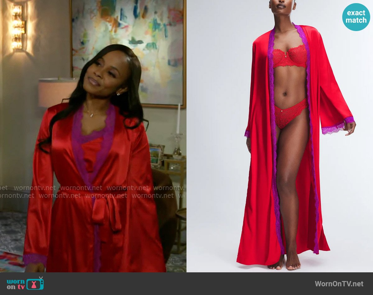 Savage x Fenty Fire Desire Lace Robe worn by Hayley Lawson (Marquita Goings) on Beyond the Gates