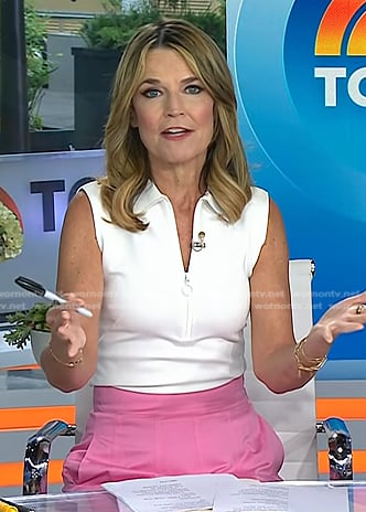 Savannah’s white half-zip top pink midi skirt on Today