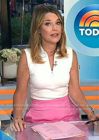 Savannah's white half-zip top pink midi skirt on Today