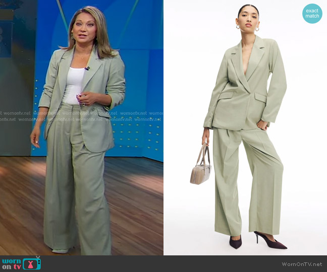 Scotch & Soda Drapey Blazer and Rose High-Rise Wide Leg Pants worn by Ginger Zee on Good Morning America