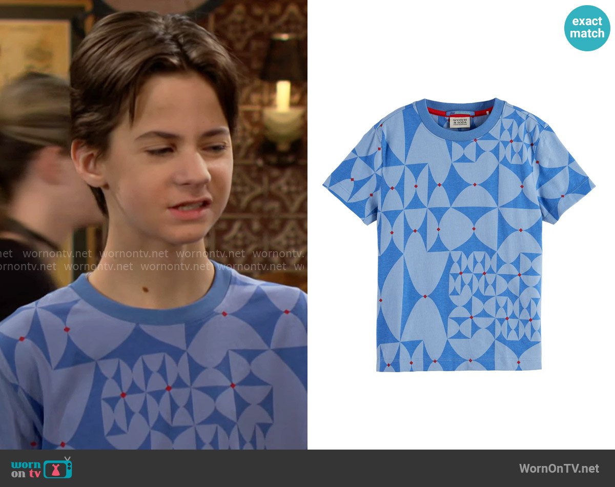 Scotch & Soda Geo Print Cotton T-Shirt in Diamond Lake Blue worn by Connor Newman (Judah Mackey) on The Young and the Restless