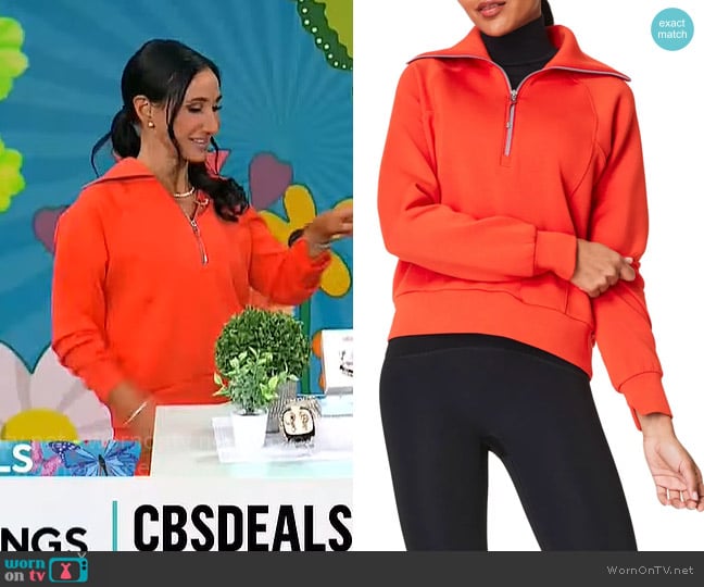 Spanx AirEssentials Half Zip Sweatshirt in Poppy worn by Elizabeth Werner on CBS Mornings