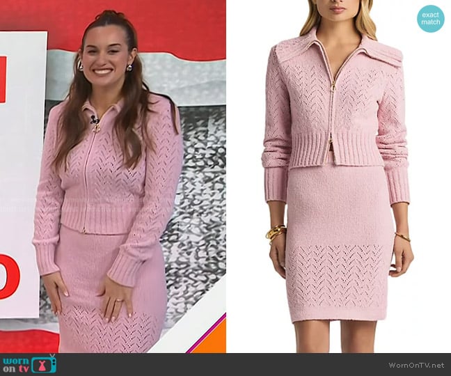 St. John Chevron Zip Cardigan and Chevron Skirt worn by Hannah Berner on Today