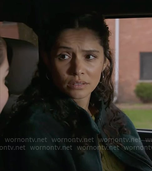 Stella’s green plaid bomber jacket on Chicago Fire