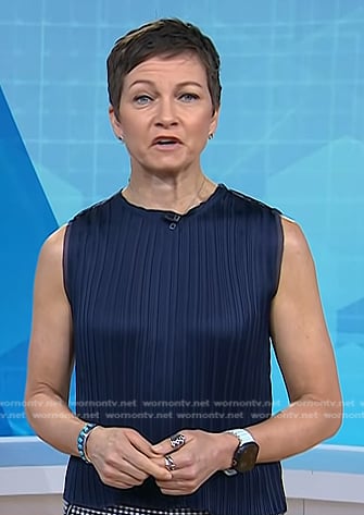Stephanie’s navy pleated sleeveless top on Today