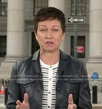 Stephanie’s white striped cardigan and leather jacket on Today
