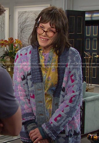 Susan’s yelllow floral shirt and purple cardigan on Days of our Lives