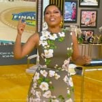 Tamron’s floral print sleeveless dress on Tamron Hall Show