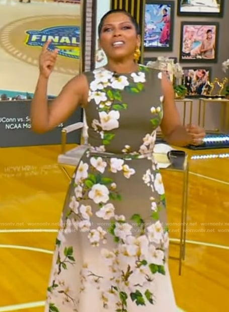 Tamron’s floral print sleeveless dress on Tamron Hall Show