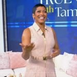 Tamron’s pink sleeveless lace dress on Tamron Hall Show