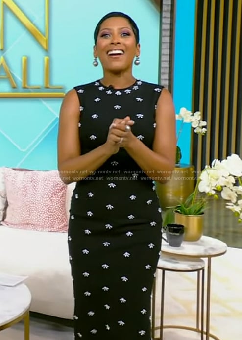Tamron’s black sleeveless printed dress on Tamron Hall Show