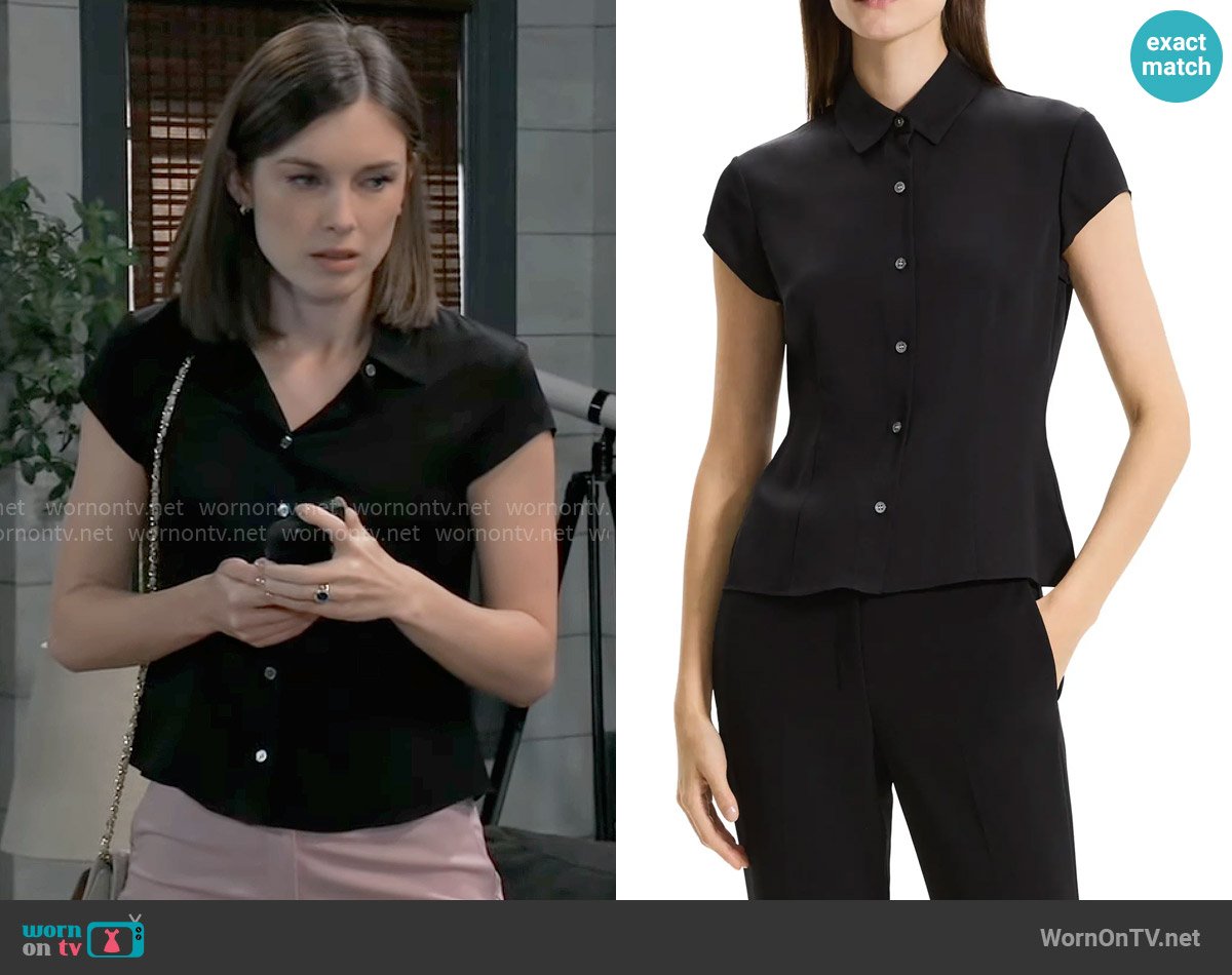 Theory Cap Sleeve Silk Shirt in Black worn by Willow Tait (Katelyn MacMullen) on General Hospital