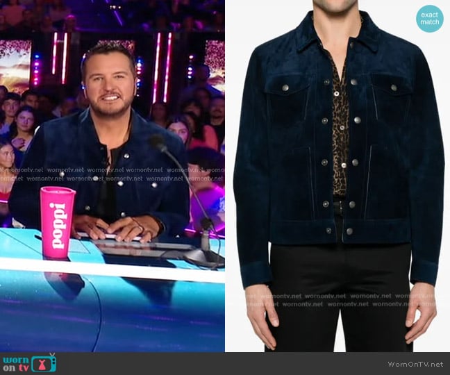 Luke Bryan’s navy suede jacket on American Idol