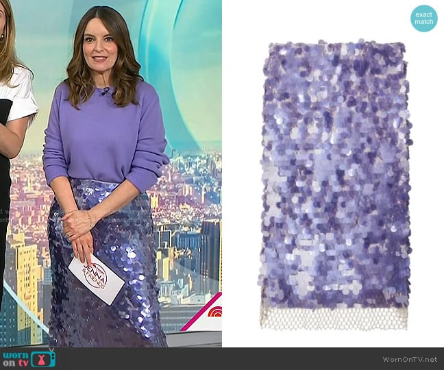 Tory Burch Sequined Skirt in heirloom lilac worn by Tina Fey on Today