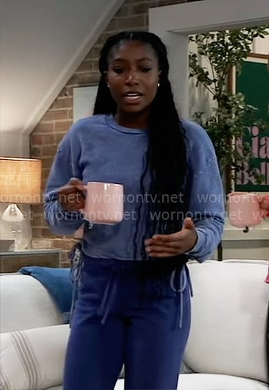 Trina's blue drawstring sweatshirt on General Hospital