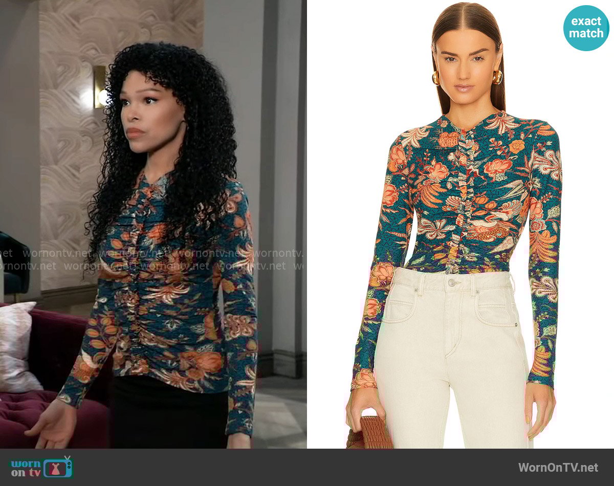Ulla Johnson Wren Top in Delphinium worn by Portia Robinson (Brook Kerr) on General Hospital