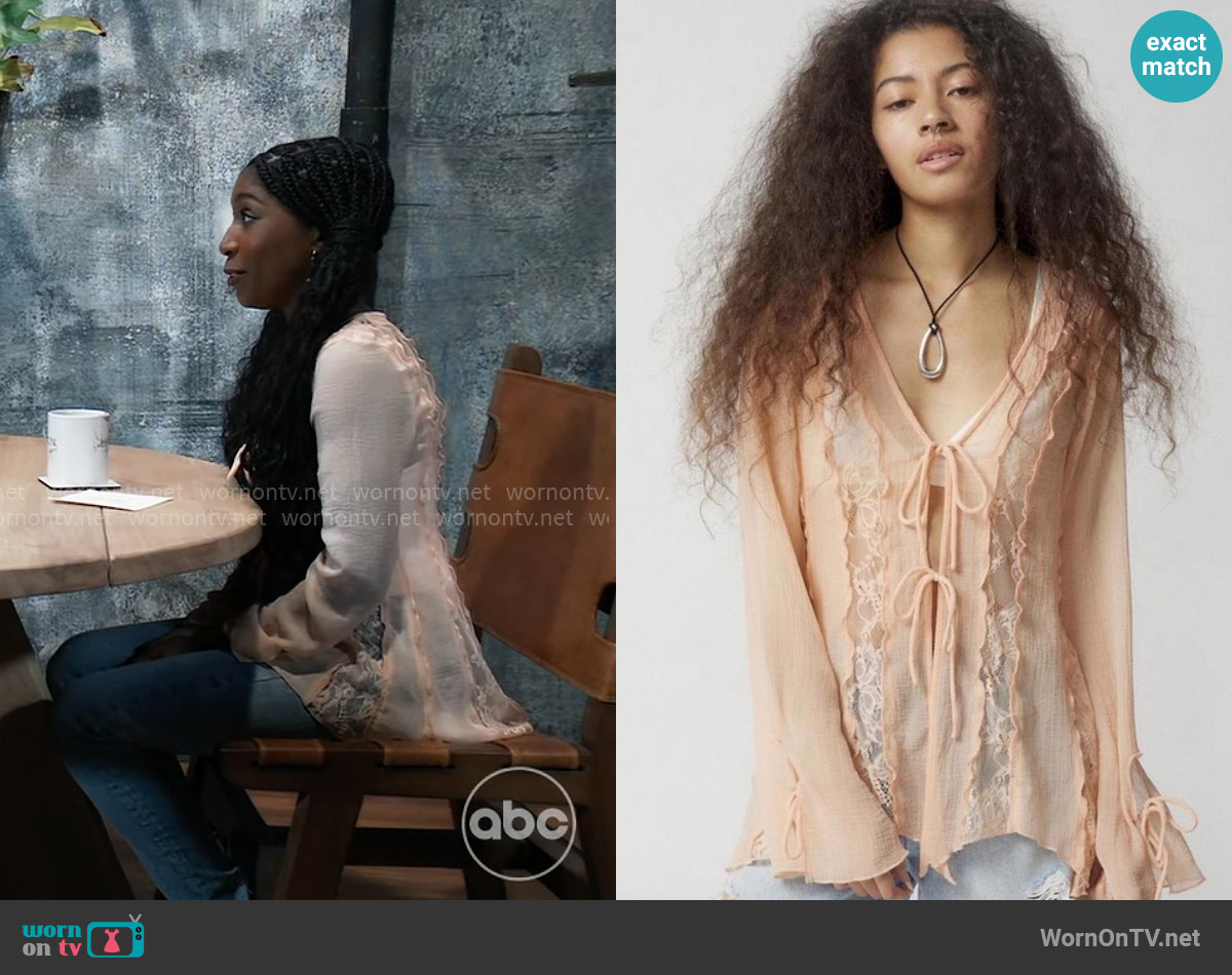 Urban Outfitters Shelby Lace Flyaway Top worn by Trina Robinson (Tabyana Ali) on General Hospital