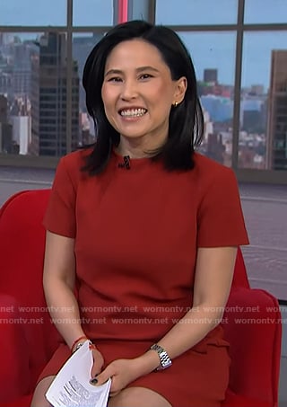Vicky’s red short sleeve shift dress on NBC News Daily