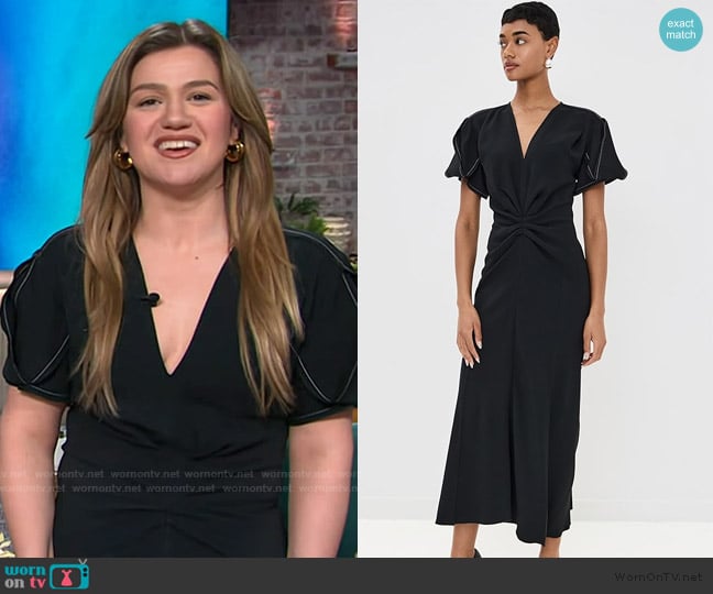 Victoria Beckham Gathered Short-Sleeve Midi-Dress worn by Kelly Clarkson on The Kelly Clarkson Show