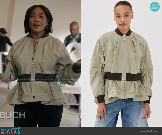 3.1 Phillip Lim Double Layered Bomber Jacket with Flare Hem in fog worn by Athena Grant (Angela Bassett) on 9-1-1