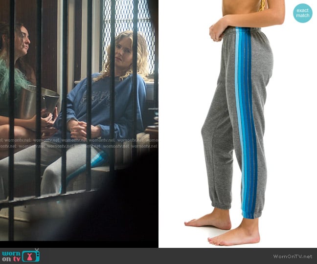 Aviator Nation 5 Stripe Sweatpants in Heahter Grey Blue worn by Devon DeWitt (Meghann Fahy) on Sirens