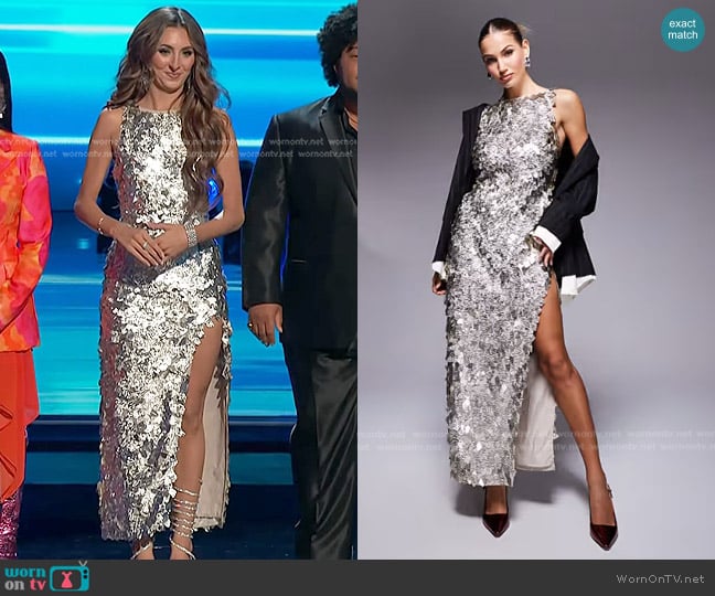 Angie Rey’s silver embellished slit dress on The Voice