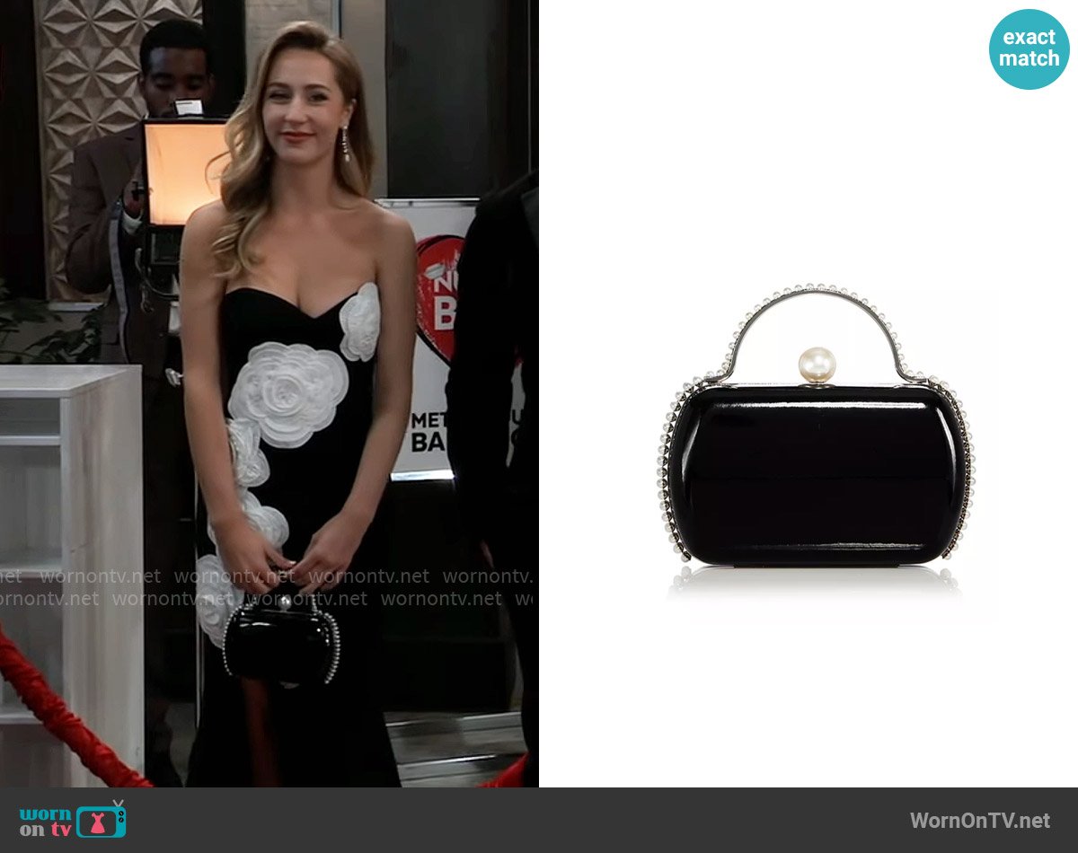 Aqua Imitation Pearl Trim Mini Clutch Crossbody worn by Josslyn Jacks (Eden McCoy) on General Hospital