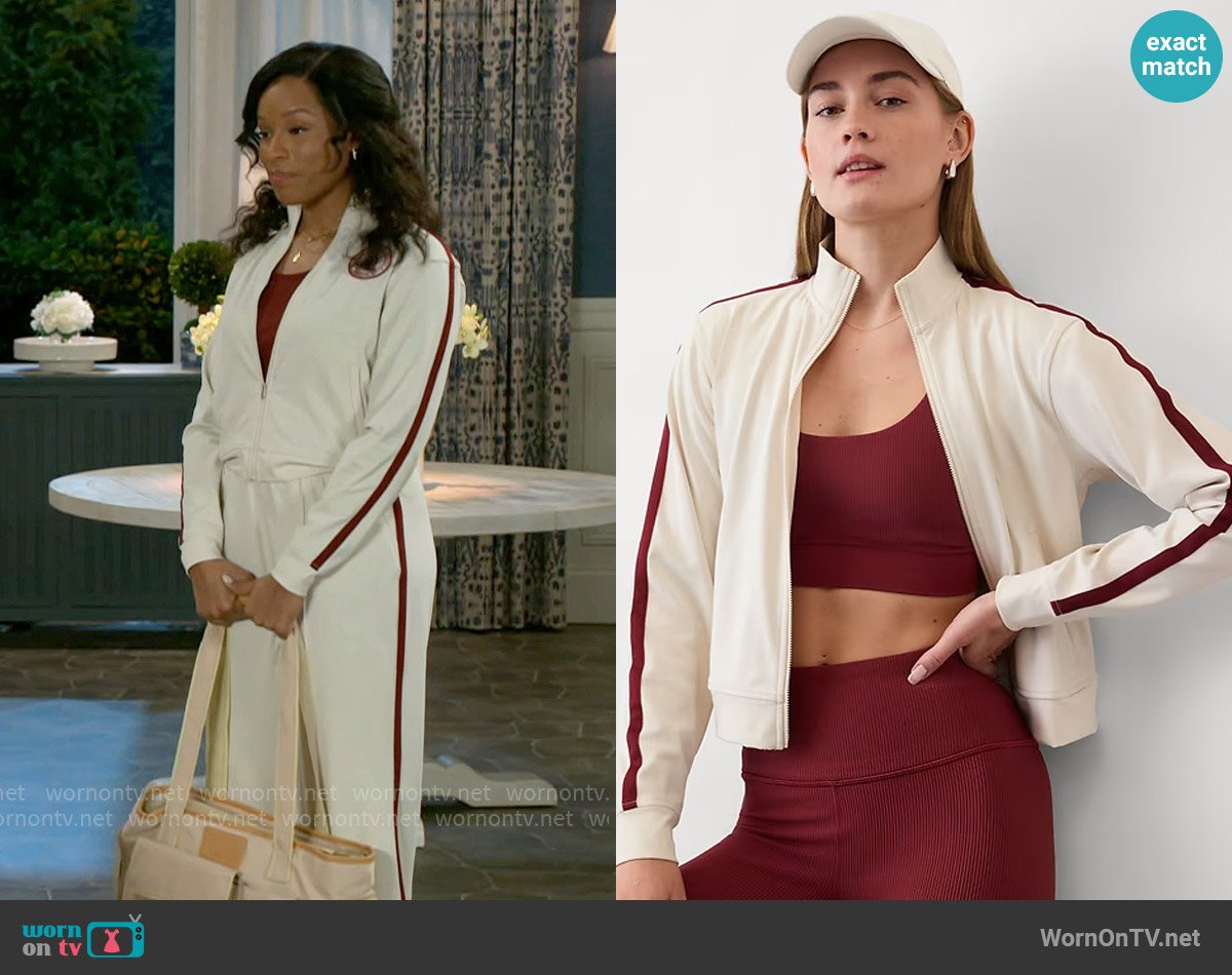 Athleta Finish Line Jacket in Bone / Redwood worn by Naomi Hamilton Hawthorne (Arielle Prepetit) on Beyond the Gates