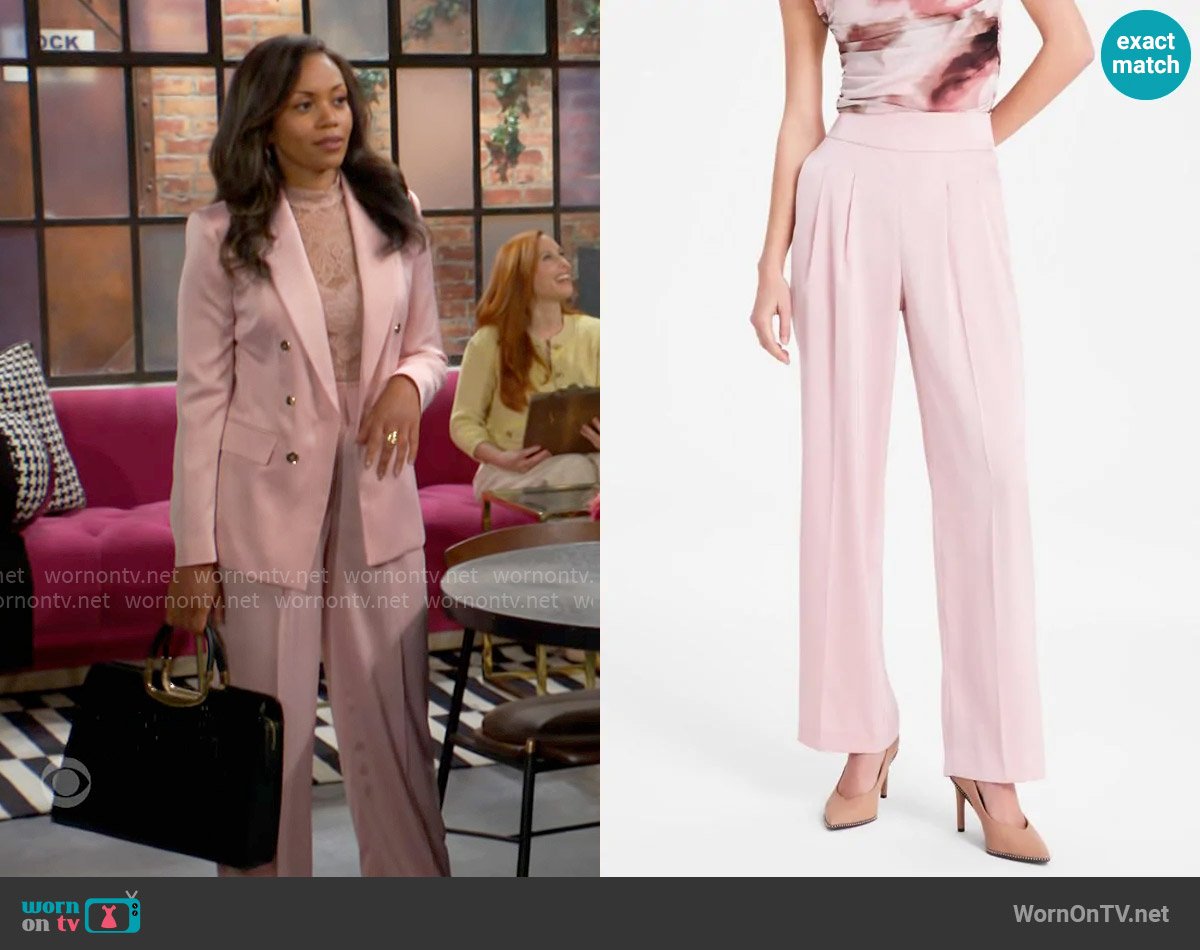 Bar III High-Rise Wide-Leg Satin Pants in Desert Rose worn by Amanda Sinclair (Mishael Morgan) on The Young and the Restless