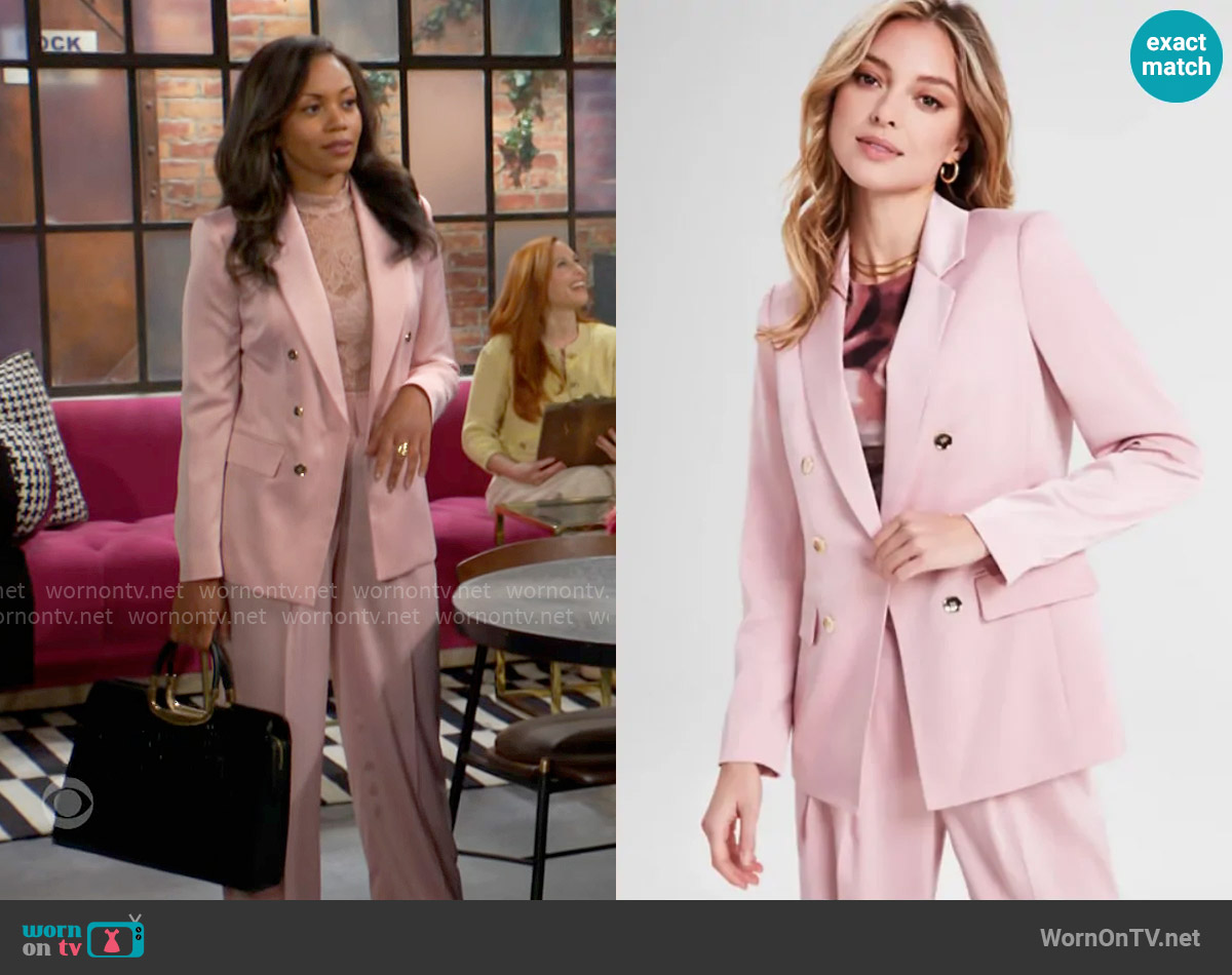 Bar III Satin One-Button Blazer in Desert Rose worn by Amanda Sinclair (Mishael Morgan) on The Young and the Restless