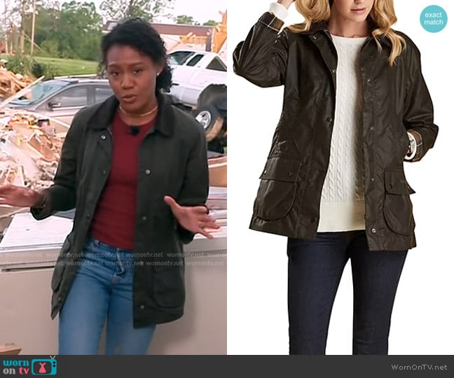 Barbour Classic Beadnell Waxed Cotton Jacket in Olive worn by Janai Norman on Good Morning America