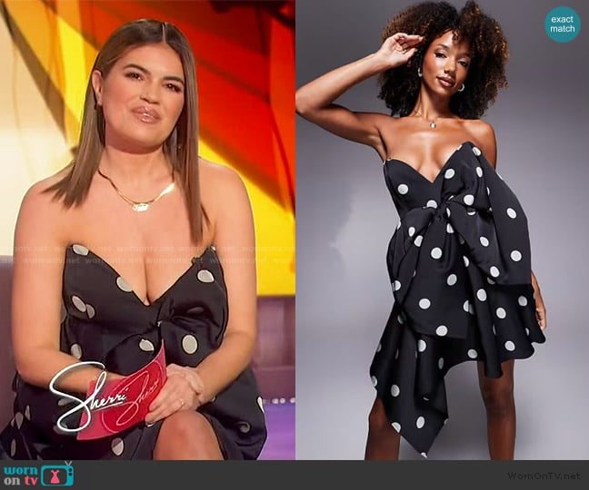 Bardot Brydie Polka Dot Strapless Bow Minidress worn by Kathy Buccio on Sherri