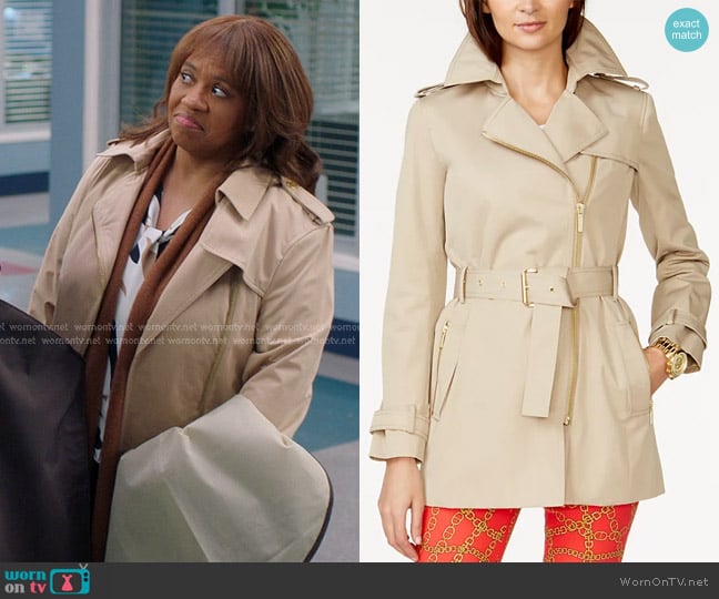 MICHAEL Michael Kors Belted Front-Zip Trench Coat worn by Miranda Bailey (Chandra Wilson) on Greys Anatomy