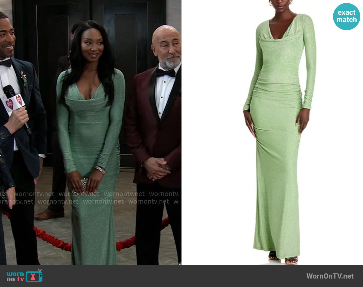 Black Halo Rafaela Metallic Knit Maxi Dress in Pearidise worn by Jordan Ashford (Tanisha Mariko Harper) on General Hospital
