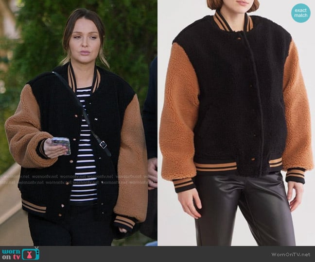 Blank NYC Colorblock High Pile Fleece Bomber Jacket in Black worn by Jo Wilson (Camilla Luddington) on Greys Anatomy