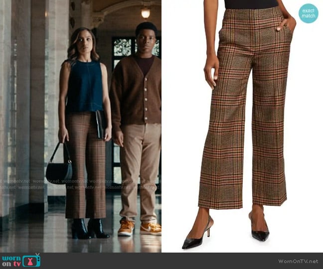 Veronica Beard Brixton Wool Plaid Pants in Camel Black worn by May Grant (Corinne Massiah) on 9-1-1