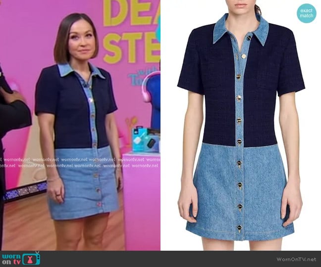 Sandro Brooke Mixed Media Denim Mini Shirtdress worn by Eva Pilgrim on Good Morning America