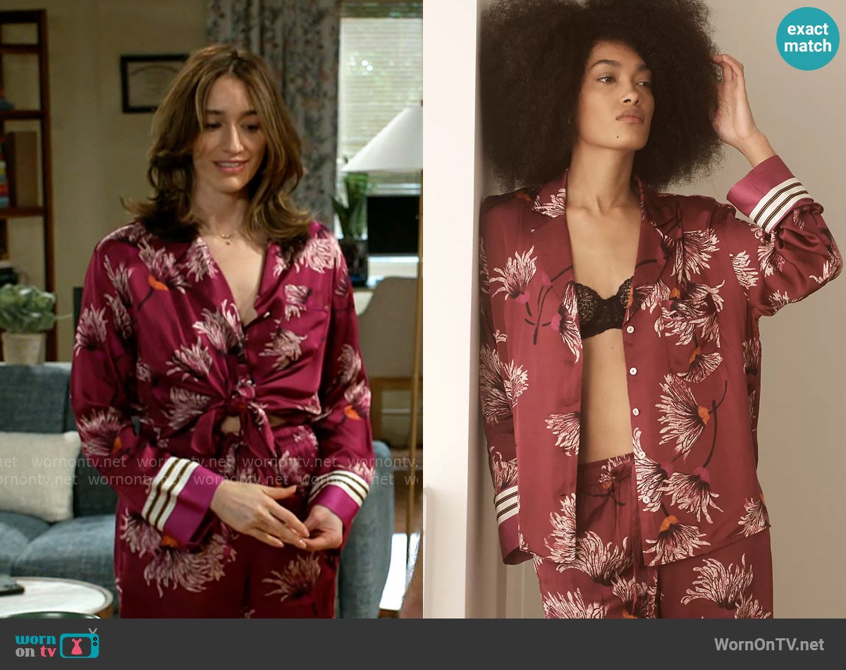 By Anthropologie Oversized Button-Front Pajama Shirt in Mulberry worn by Ashley Morgan (Jen Jacob) on Beyond the Gates