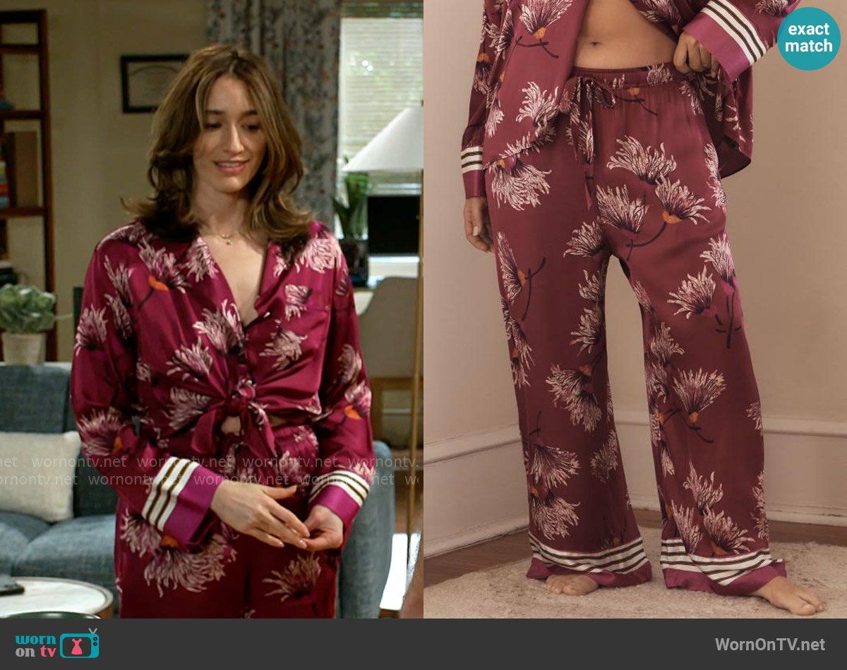 By Anthropologie Silky Pajama Pants in Mulberry worn by Ashley Morgan (Jen Jacob) on Beyond the Gates