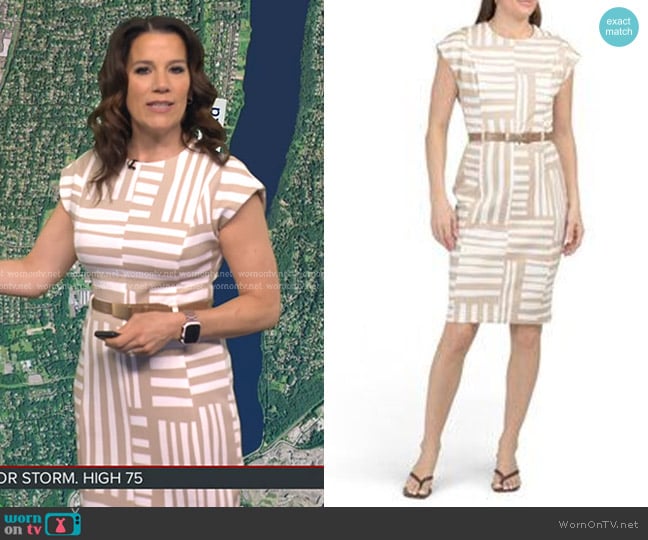 Calvin Klein Geo Print With Belt Sheath Dress worn by Heather O’Rourke on Good Morning America