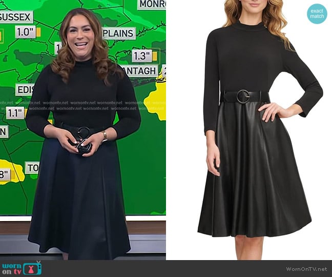 Calvin Klein Matte Jersey Combo Pu Leather Belted Aline worn by Violeta Yas on NBC News Daily
