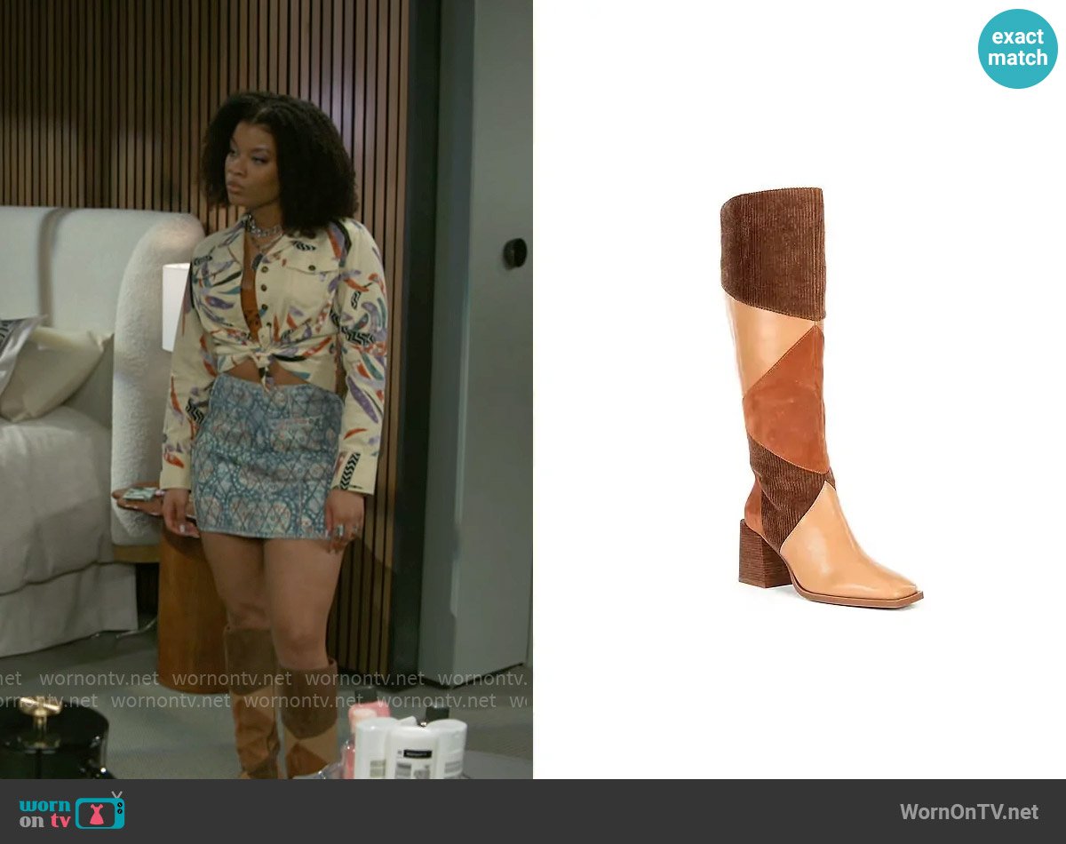 Chelsea & Violet Lulu Colorblock Suede Patchwork Tall Boots worn by Eva Thomas (Ambyr Michelle) on Beyond the Gates
