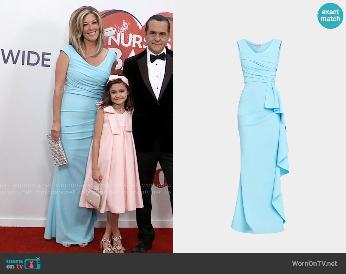 Chiara Boni La Petite Robe Sozen Ruched Side-Drape Gown in Celeste worn by Carly Spencer (Laura Wright) on General Hospital