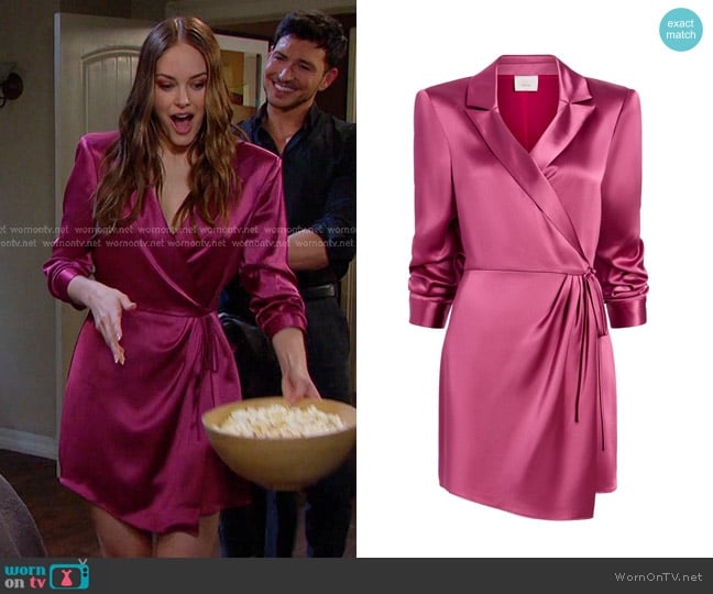 Cinq a Sept Sabina Scrunched-sleeve Satin Mini Wrap Dress In Dark Ube worn by Stephanie Johnson (Abigail Klein) on Days of our Lives