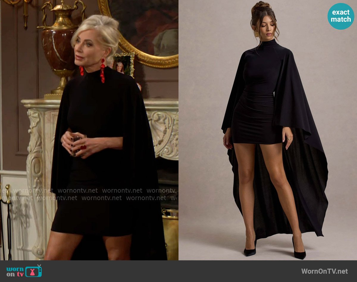 Club L London Black High-Neck Mini Dress With Asymmetric Cape worn by Ashley Abbott (Eileen Davidson) on The Young and the Restless