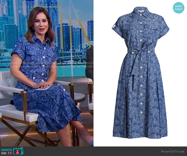 Derek Lam 10 Crosby Gaelle Floral Belted Utility Dress in indigo worn by Rebecca Jarvis on Good Morning America